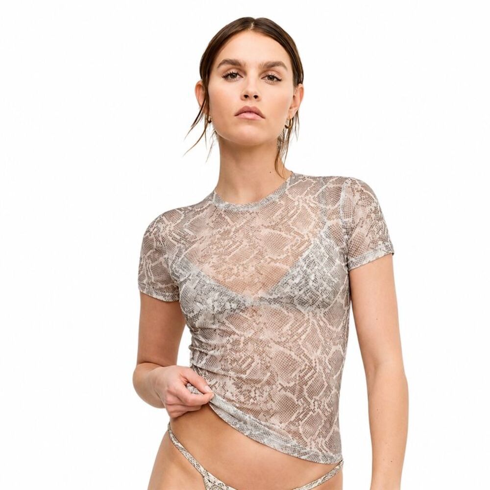 Good American Womens/Ladies Snake Print Mesh Slim T-Shirt / Beige